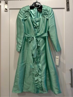 Susanna Mint Ruffle Belted Maxi Dress Long Sleeve Rhinestone Trim Size 8